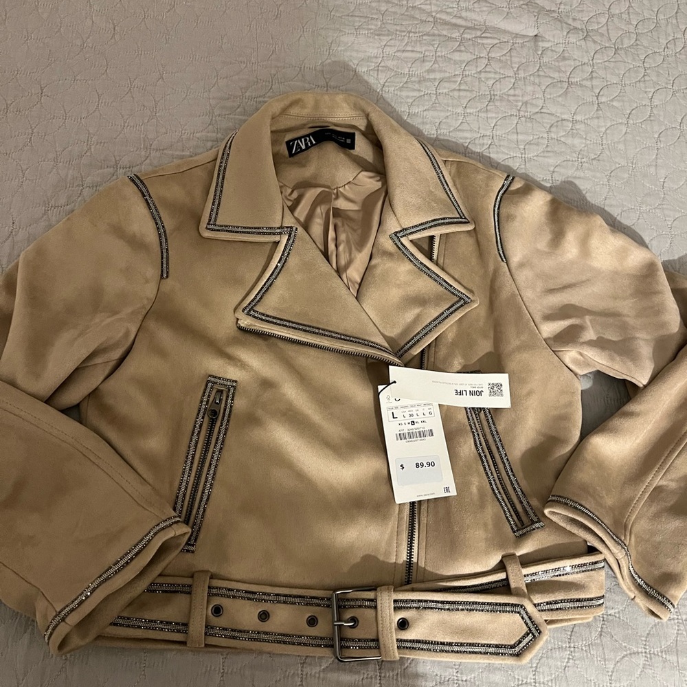 NWT zara faux suede beige biker jacket